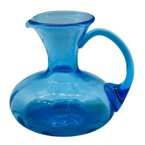 Studio Art Glass Pitcher Cobalt Blue Aqua Handblown Pontil Applied Handle 6"